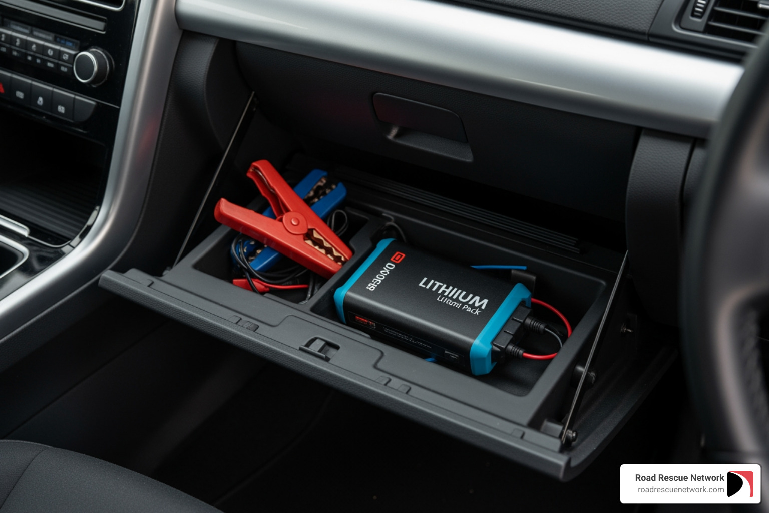 Compact lithium-ion jump starter pack sitting in a car glovebox - electric car jump starter