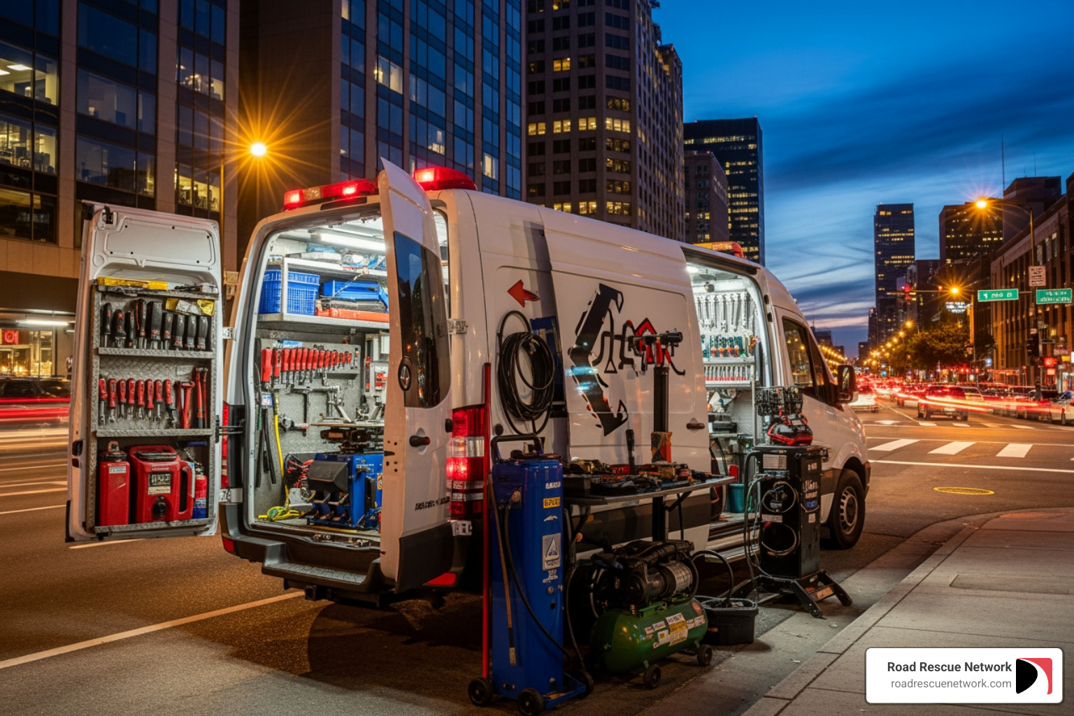 Fully equipped mobile tire service van parked on a city street ready for on-site repair - 24 hr mobile flat tire repair