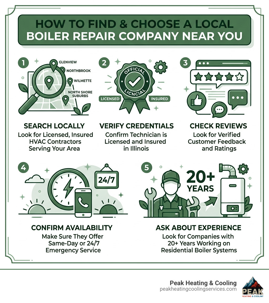 Infographic showing how to find and choose a local boiler repair company near you - boiler repair company near me