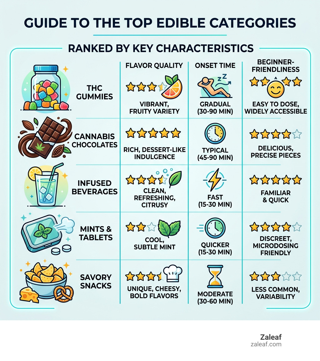 Infographic showing top edible categories ranked by flavor quality, onset time, and beginner-friendliness - best tasting Infographic showing top edible categories ranked by flavor quality, onset time, and beginner-friendliness - best tasting