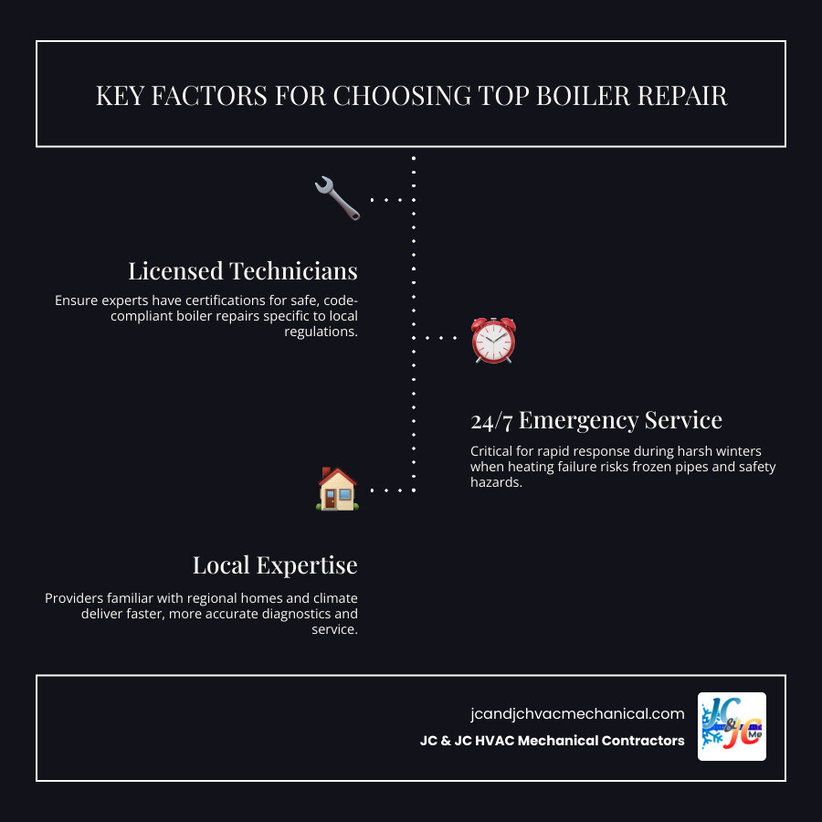 Infographic showing key factors for choosing boiler repair service in Beltsville MD - best boiler repair near beltsville, md