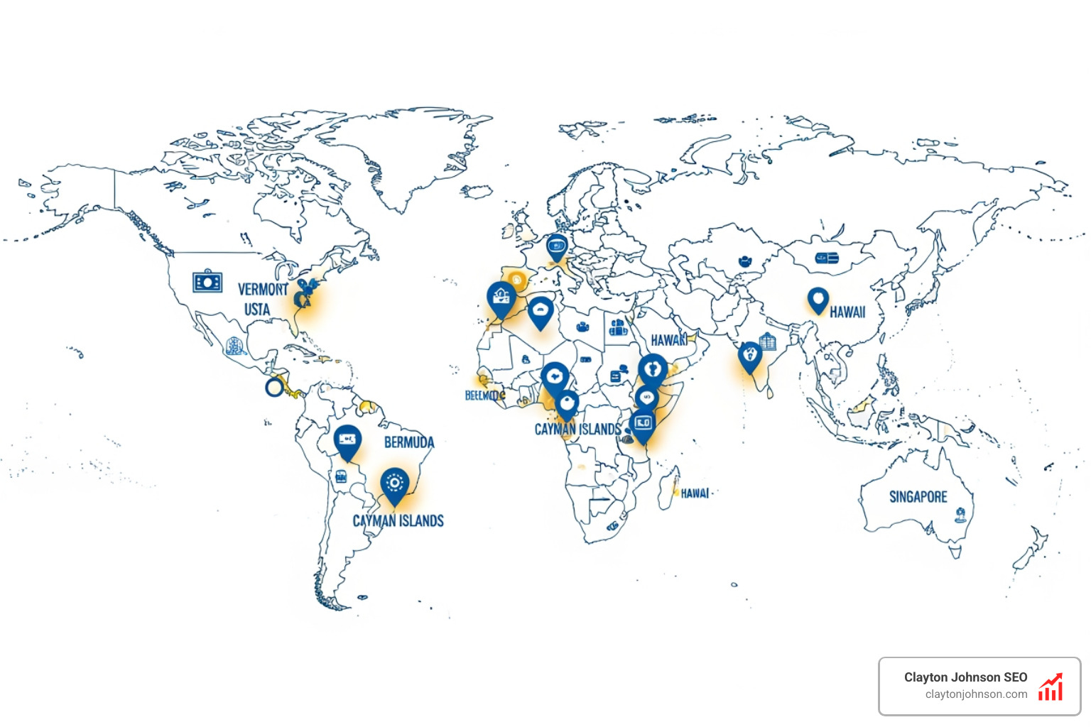 Global map highlighting major insurance hubs like Vermont, Bermuda, and Cayman Islands - authority building captive insurance
