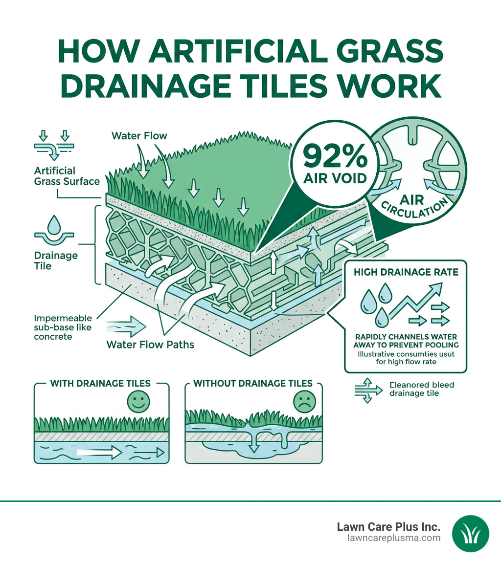 Infographic showing how artificial grass drainage tiles work with 92% air void, water flow paths, and drainage rate