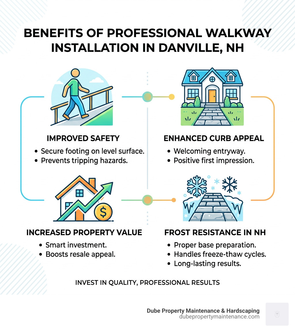 Infographic showing benefits of professional walkway installation including safety, curb appeal, property value, and frost