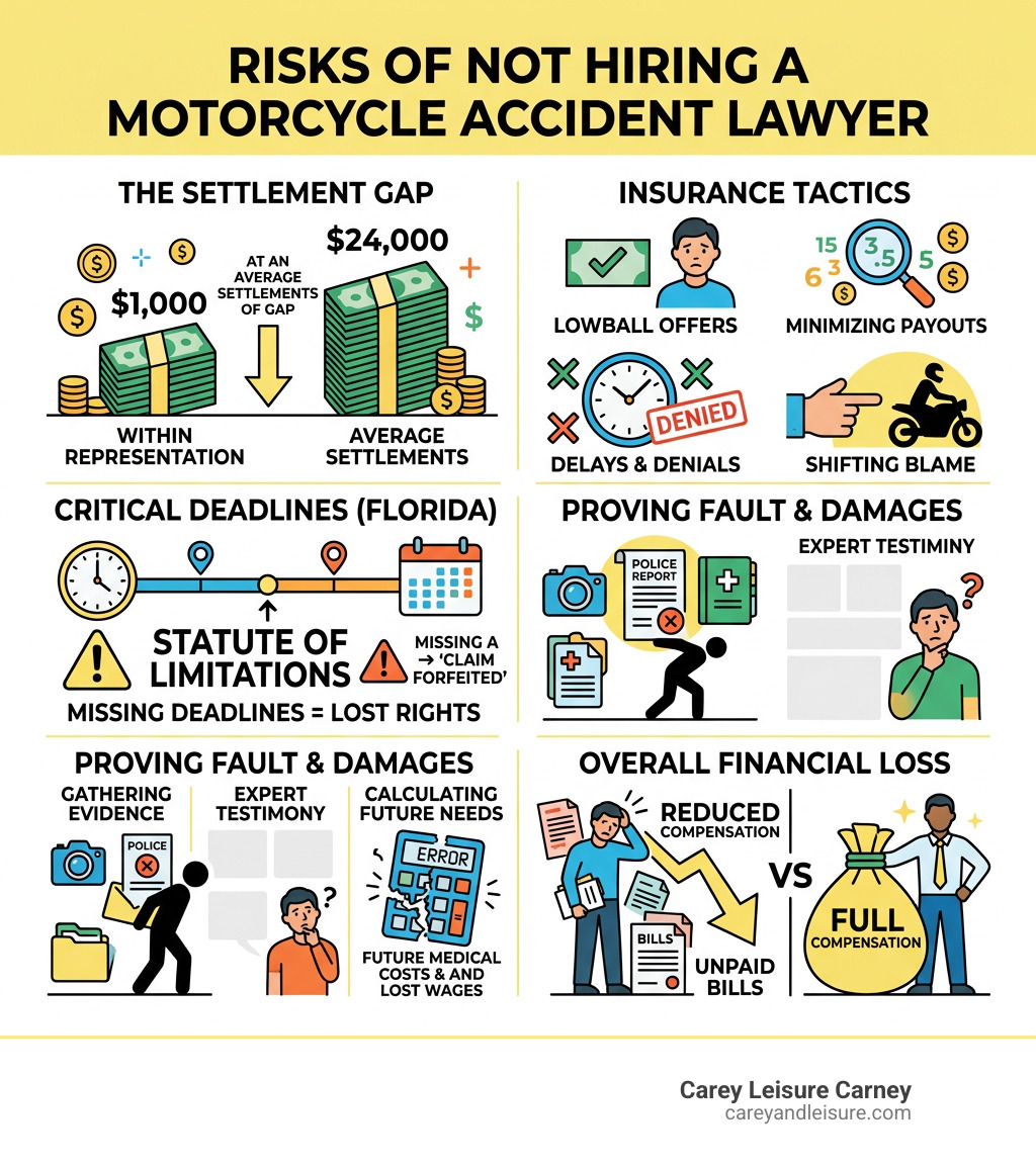 risks of not hiring a motorcycle accident lawyer infographic showing settlement gaps deadlines and insurance tactics