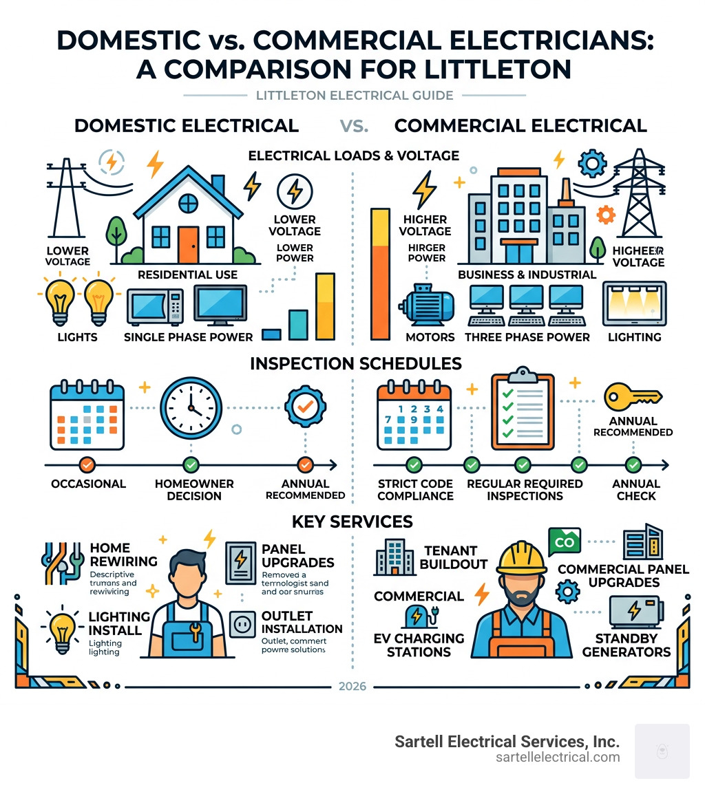 Infographic comparing domestic vs commercial electrical loads, inspection schedules, and key services - littleton commercial Infographic comparing domestic vs commercial electrical loads, inspection schedules, and key services - littleton commercial