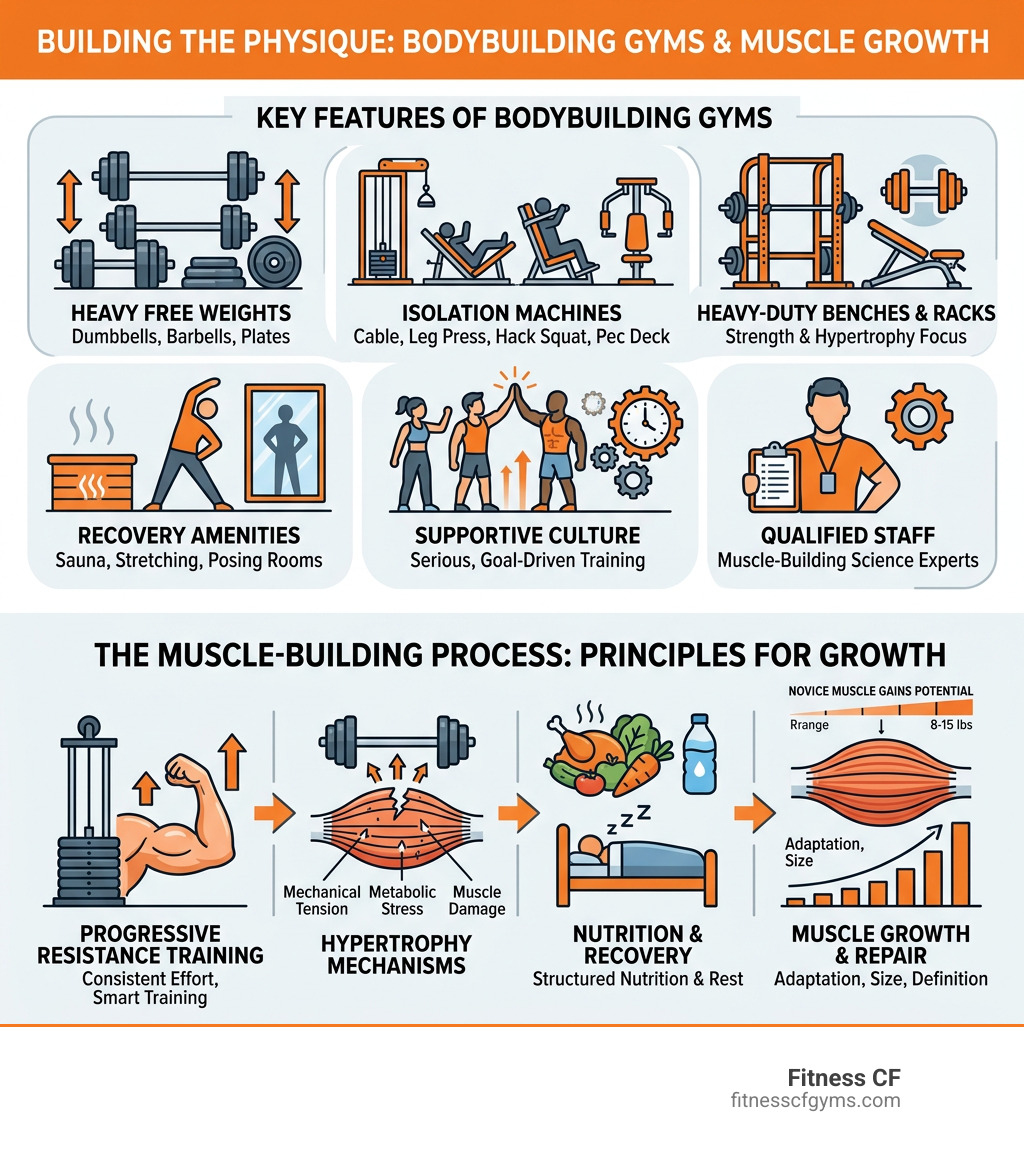 Infographic showing key features of bodybuilding gyms and the muscle-building process - bodybuilding gyms infographic Infographic showing key features of bodybuilding gyms and the muscle-building process - bodybuilding gyms infographic