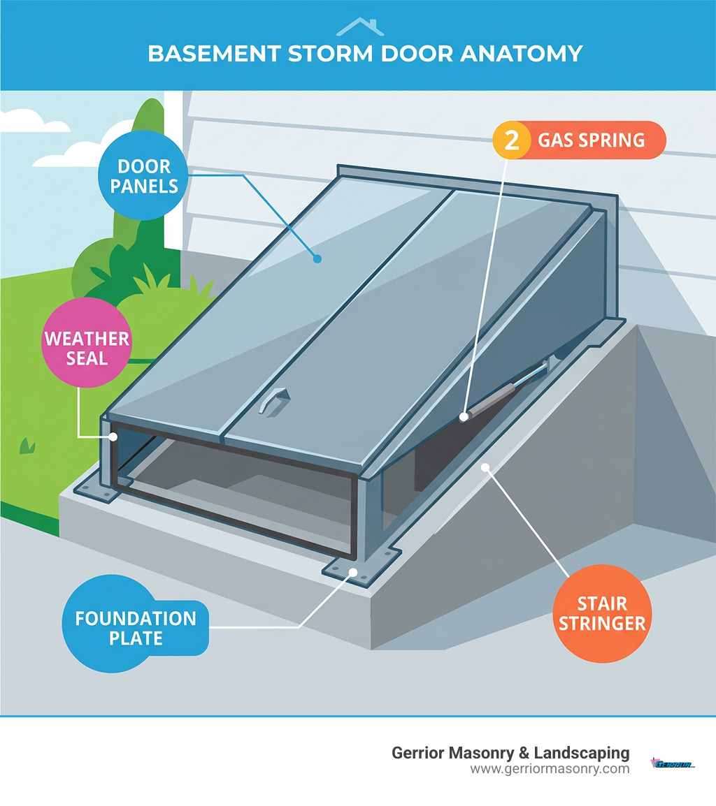 Basement storm door anatomy infographic showing parts: door panels, gas spring, weather seal, foundation plate, and stair