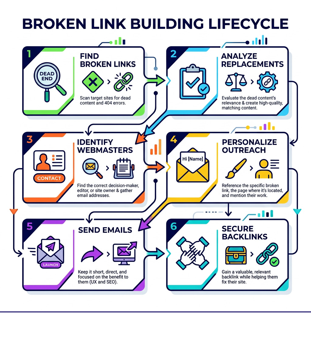 Broken link building lifecycle infographic showing steps from finding dead links to securing backlinks - broken link