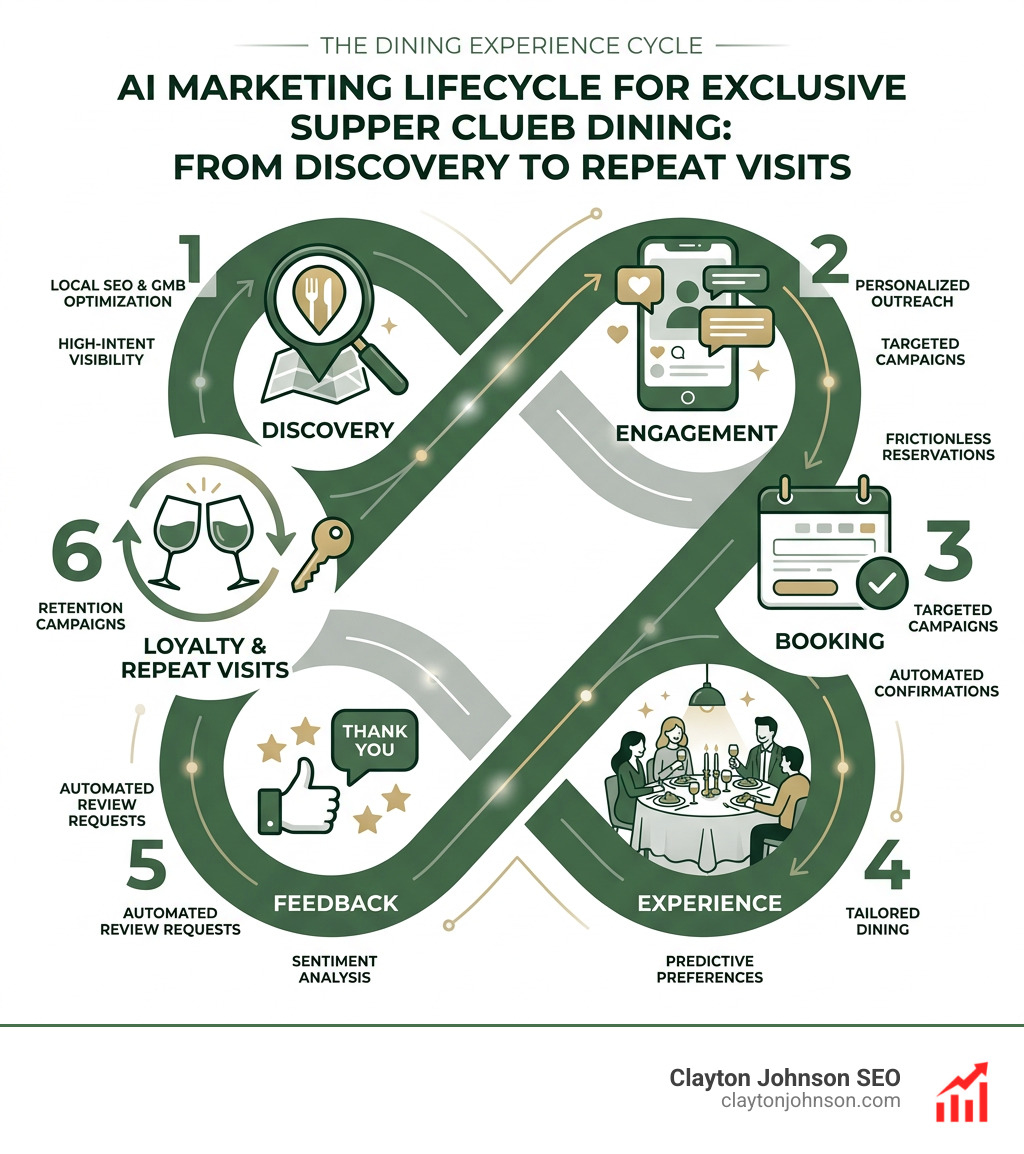 AI marketing lifecycle infographic for exclusive supper club dining — from discovery to repeat visits - ai marketing for