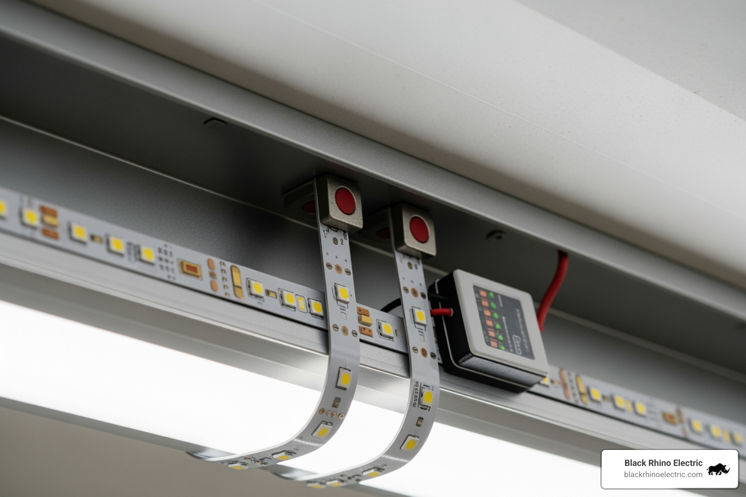 electrician installing magnetic LED strips in a metal fixture - Fluorescent to LED conversion