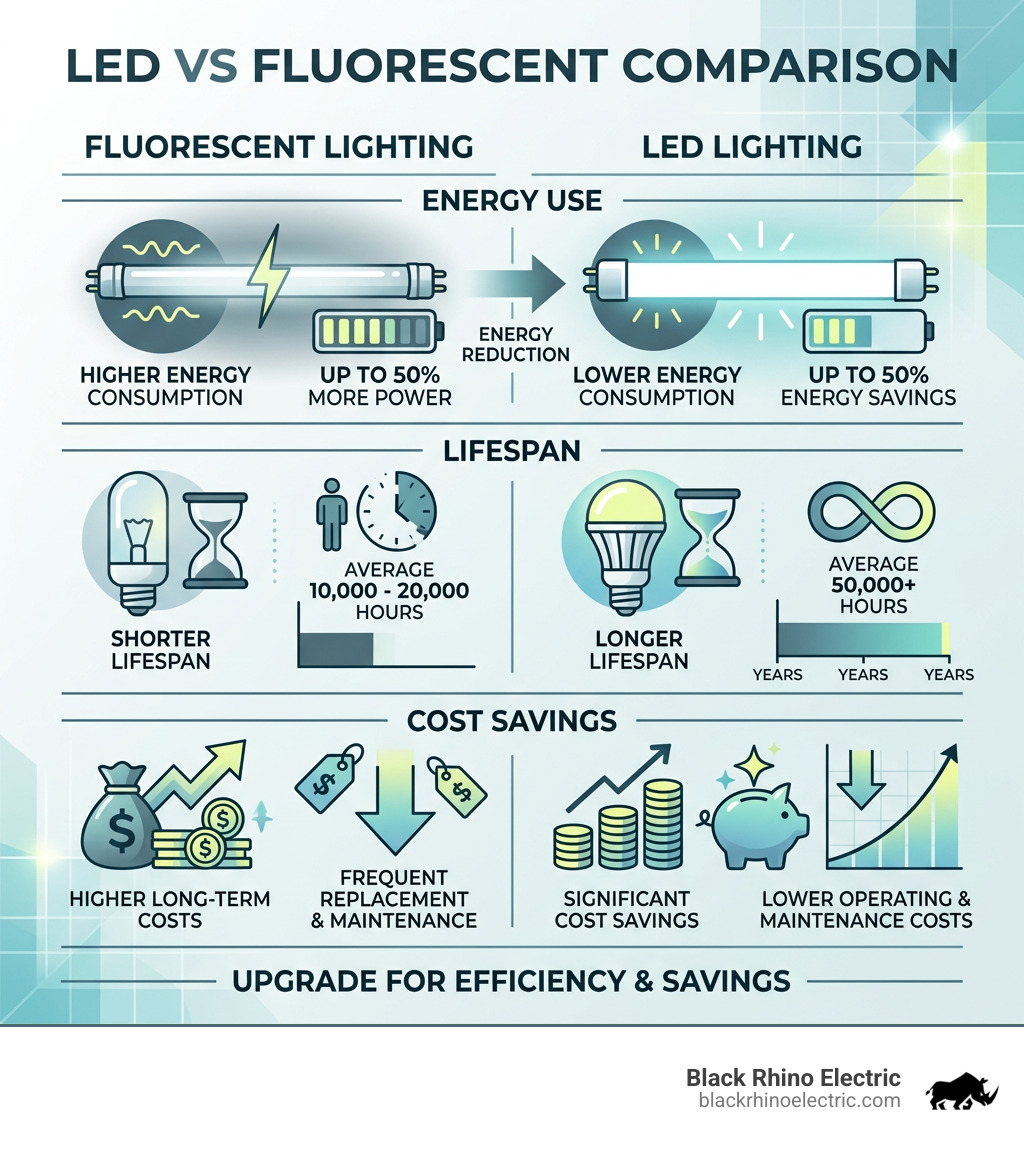 LED vs fluorescent comparison infographic showing energy use, lifespan, and cost savings - Fluorescent to LED conversion