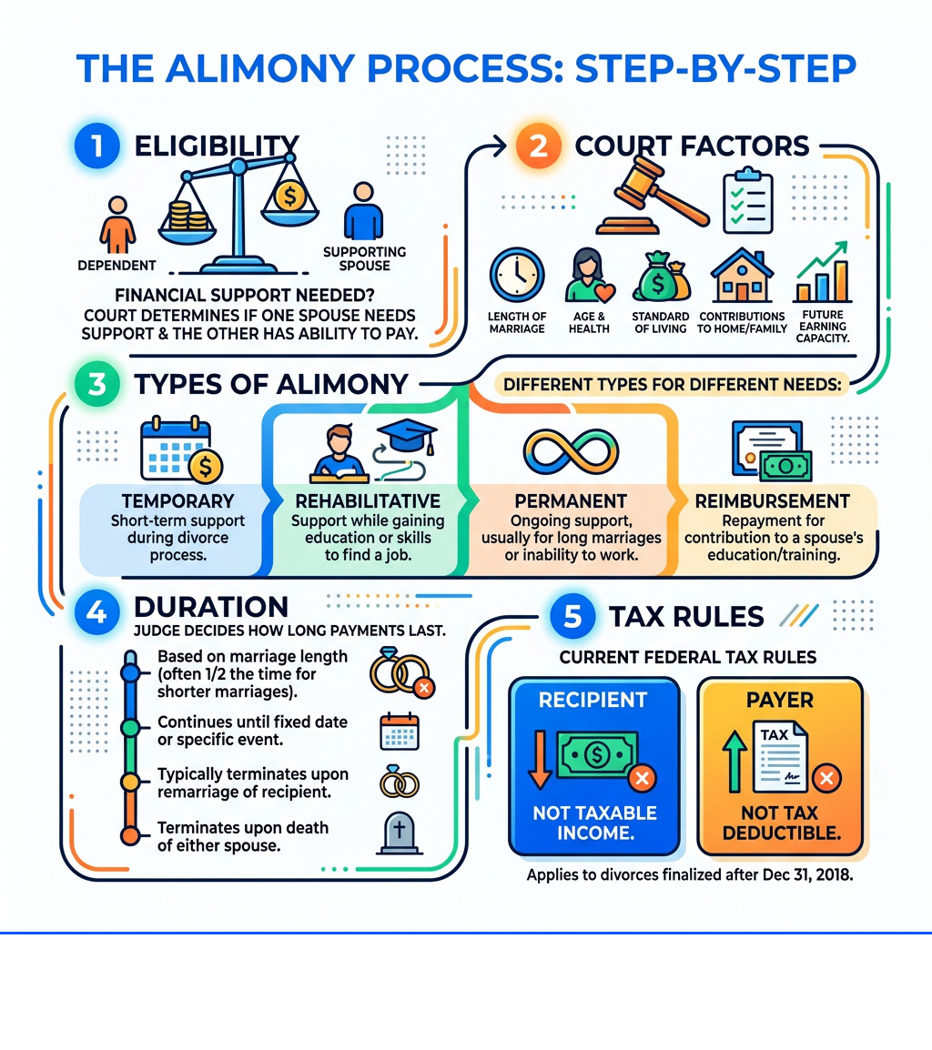 Step-by-step alimony process infographic: eligibility, court factors, types, duration, and tax rules - alimony in divorce