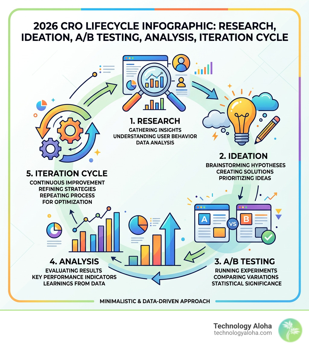 2026 CRO lifecycle infographic: research, ideation, A/B testing, analysis, iteration cycle - conversion rate optimization
