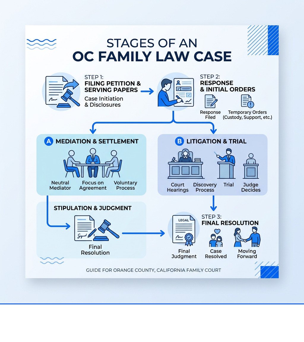 Stages of an OC family law case from filing to resolution, including mediation and court hearings - oc family law Stages of an OC family law case from filing to resolution, including mediation and court hearings - oc family law