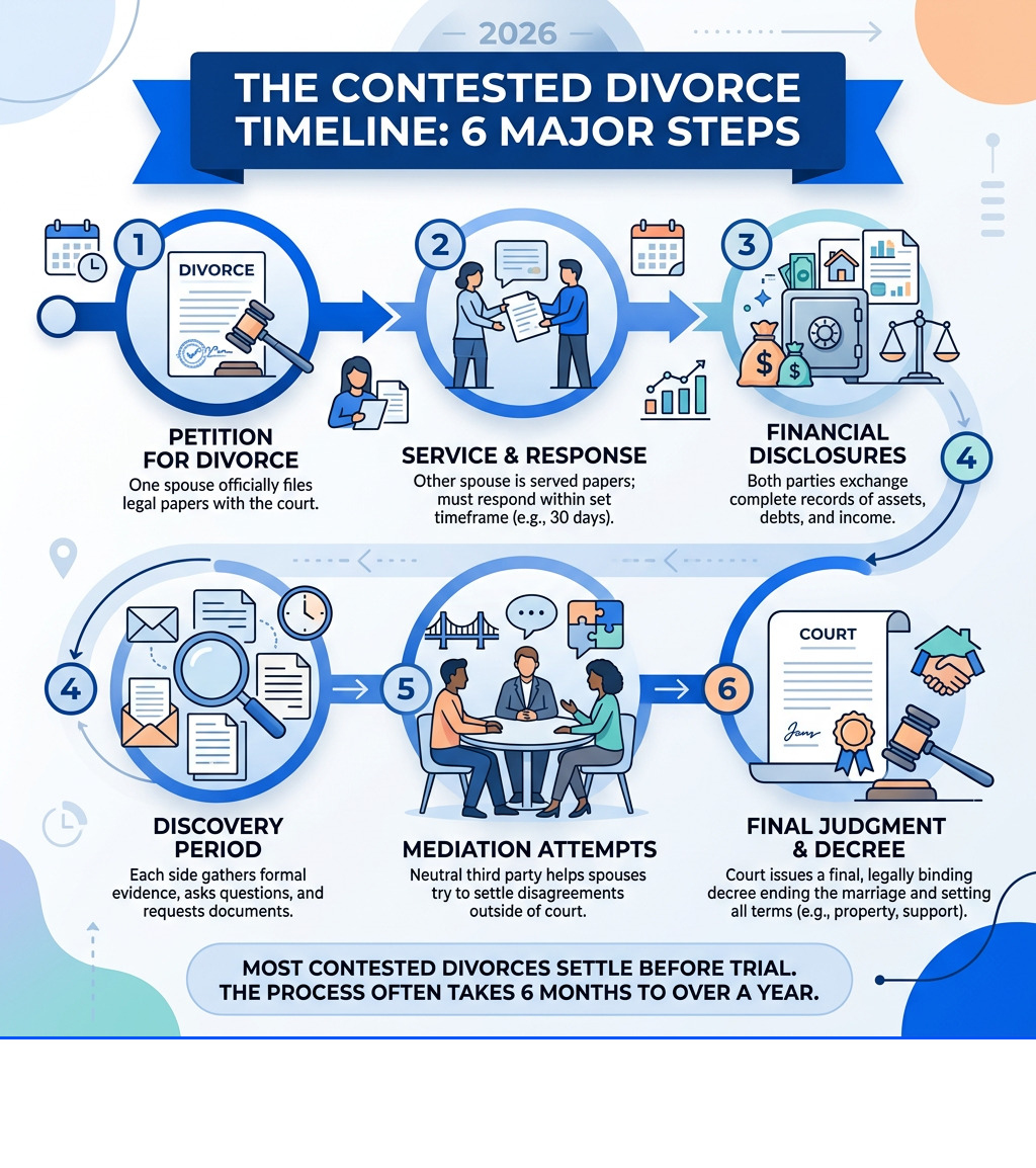 6-step contested divorce timeline from filing to final judgment infographic - contested divorce steps infographic 
