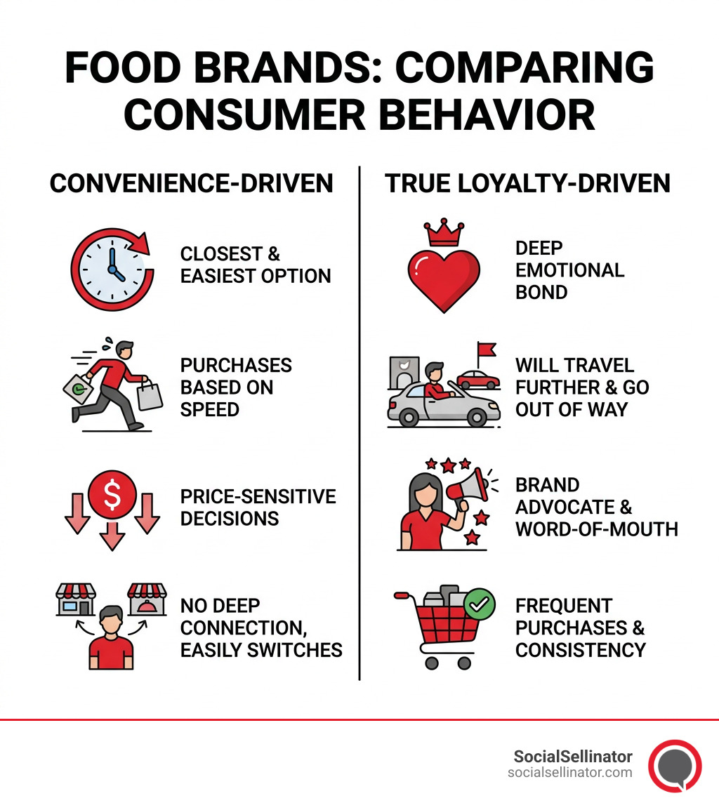 Infographic comparing convenience-driven vs. true loyalty-driven consumer behavior in food brands - food brand loyal fans