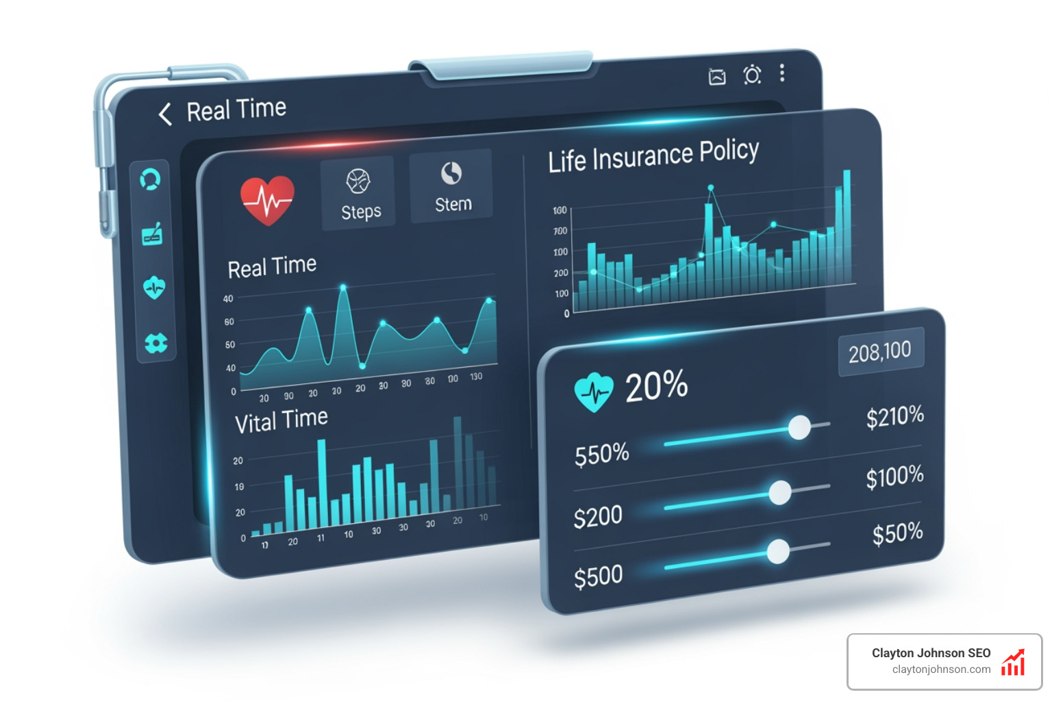 Futuristic interface showing real-time health data influencing life insurance policy rates - ai marketing for life insurance