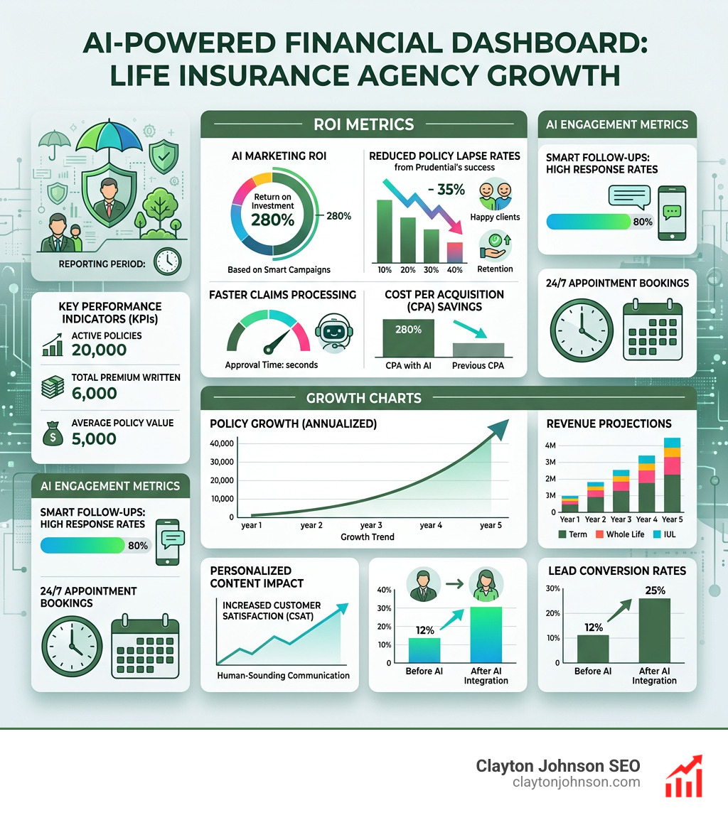 Financial dashboard showing life insurance ROI metrics and growth charts - ai marketing for life insurance agents companies