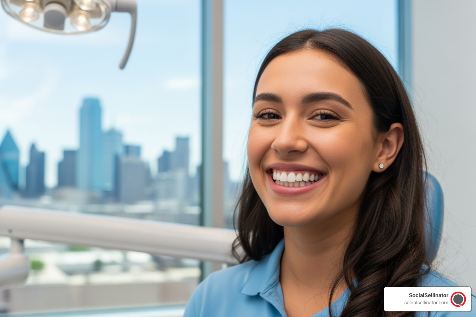Happy dental patient in Dallas showing off a bright smile after a successful procedure - dallas dentist marketing ads
