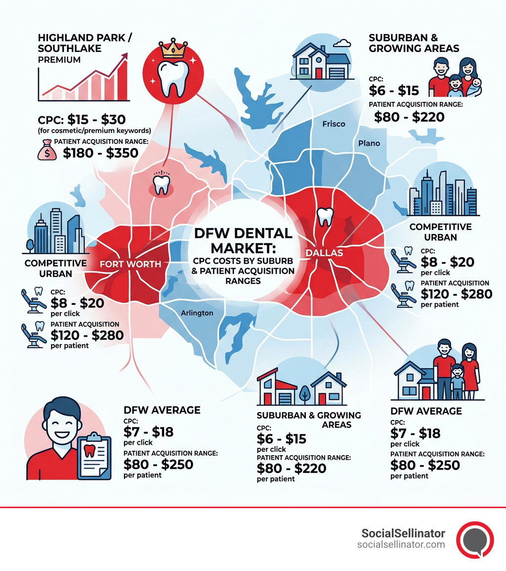 DFW dental market landscape infographic showing CPC costs by suburb and patient acquisition ranges - dallas dentist