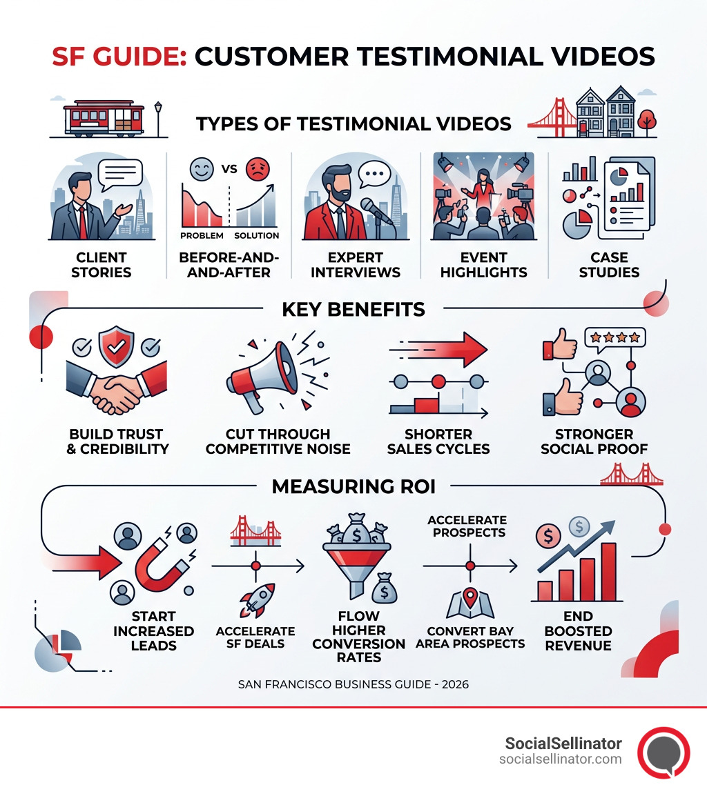 Infographic showing types, benefits, and ROI of customer testimonial videos for San Francisco businesses - customer