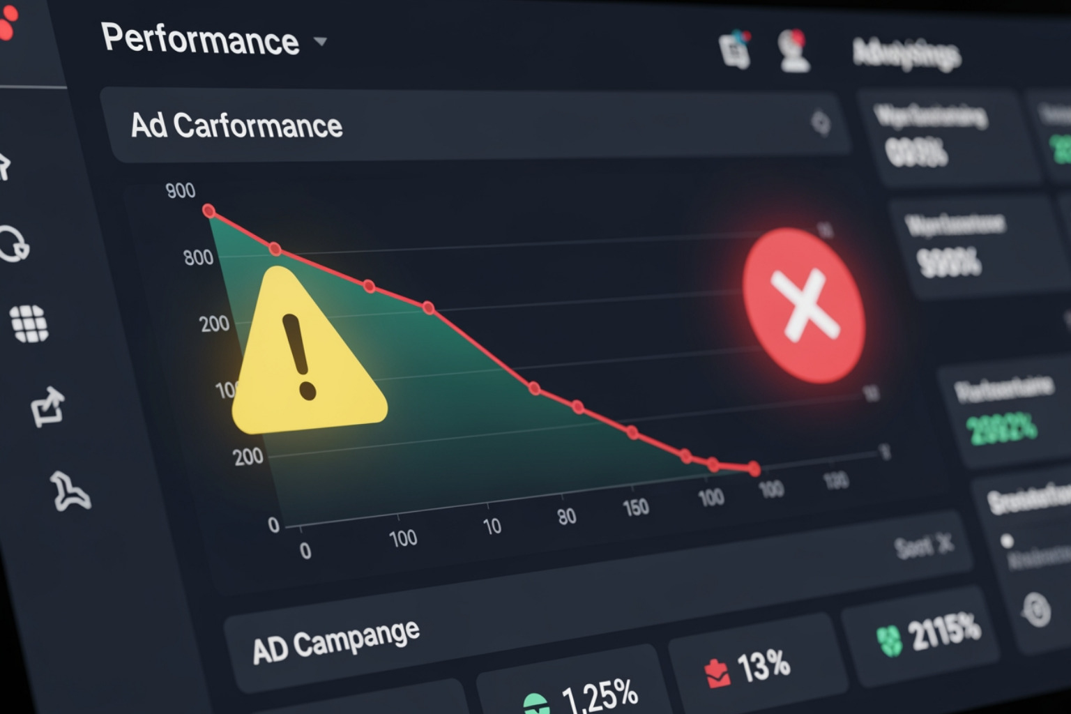 Warning icon next to a declining performance graph representing creative fatigue and budget leaks - PPC campaign performance