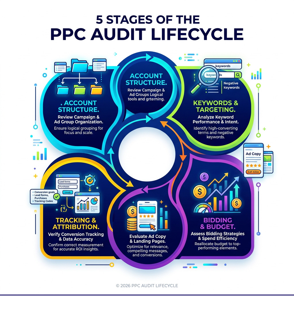 5 stages of the PPC audit lifecycle: structure, keywords, creatives, bidding, and tracking - PPC campaign performance audit