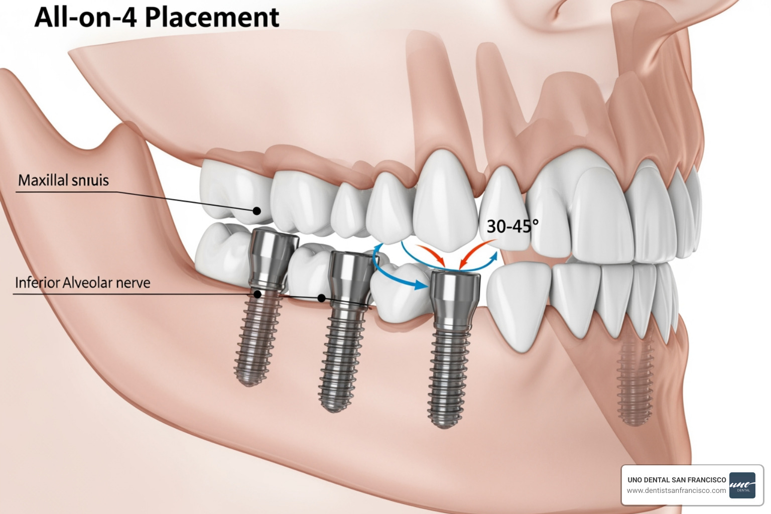 Diagram illustrating the 4-implant placement strategy with tilted posterior implants - immediate all on 4 dental implants Diagram illustrating the 4-implant placement strategy with tilted posterior implants - immediate all on 4 dental implants