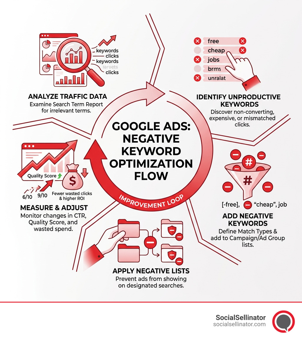 Infographic showing the flow of negative keyword optimization in Google Ads campaigns - negative keywords google ads sf