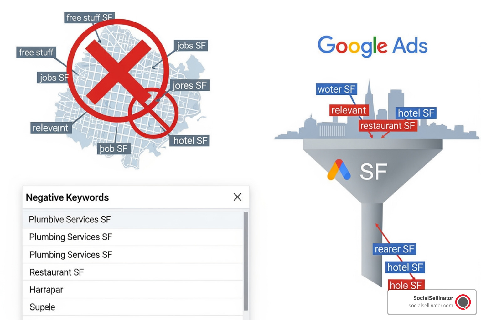 Diagram of broad vs phrase vs exact negative match types - negative keywords google ads sf