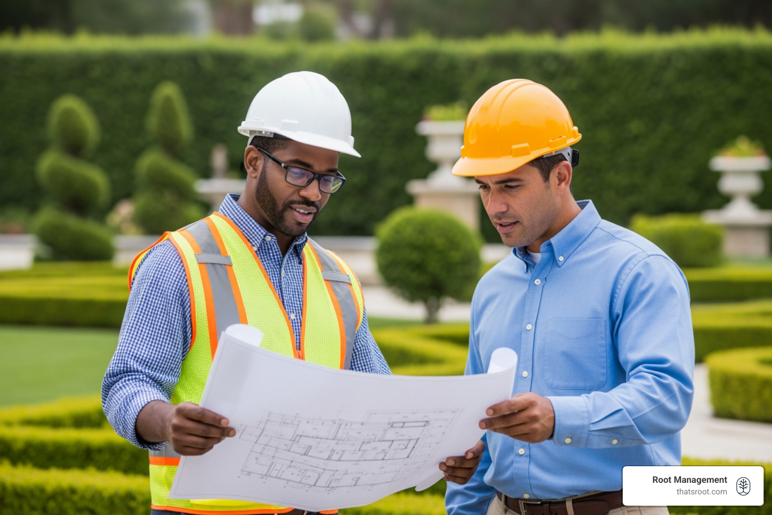 estate maintenance manager reviewing blueprints with a contractor for a renovation project - estate maintenance manager