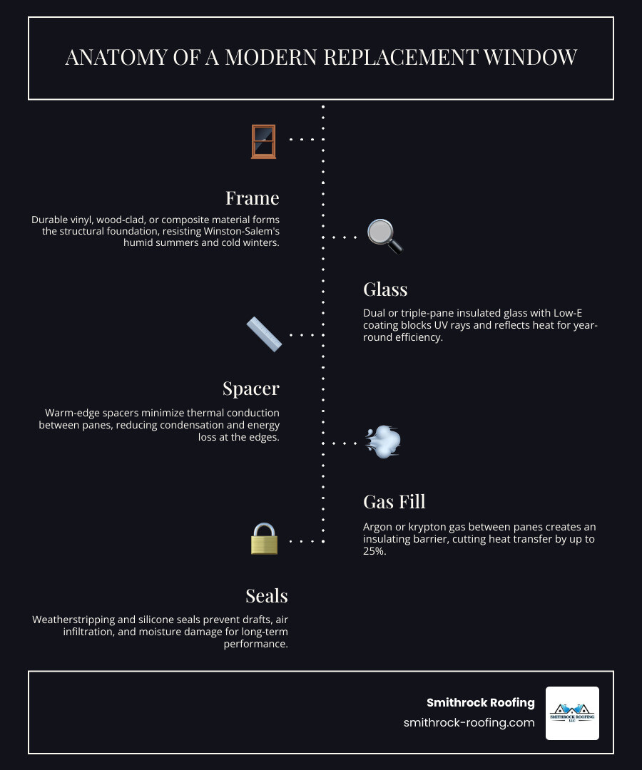 Infographic showing anatomy of a replacement window with labels for Low-E glass, argon gas fill, warm-edge spacer, and frame Infographic showing anatomy of a replacement window with labels for Low-E glass, argon gas fill, warm-edge spacer, and frame