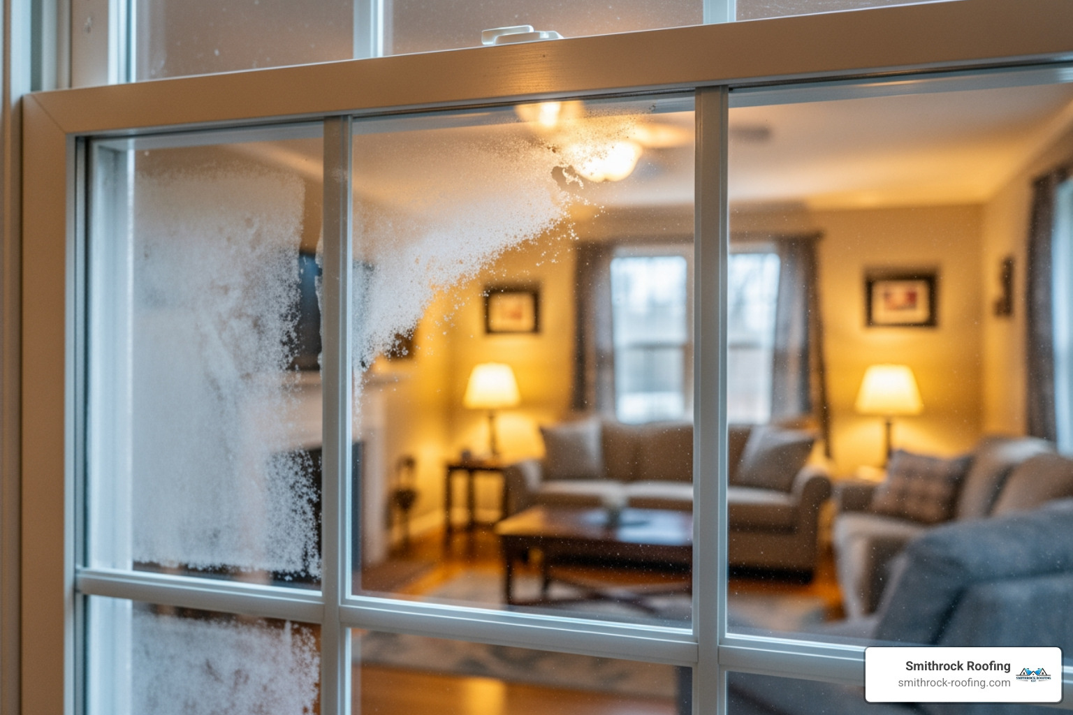 A drafty window in a Winston-Salem home showing visible condensation between the glass panes - window replacement Winston A drafty window in a Winston-Salem home showing visible condensation between the glass panes - window replacement Winston