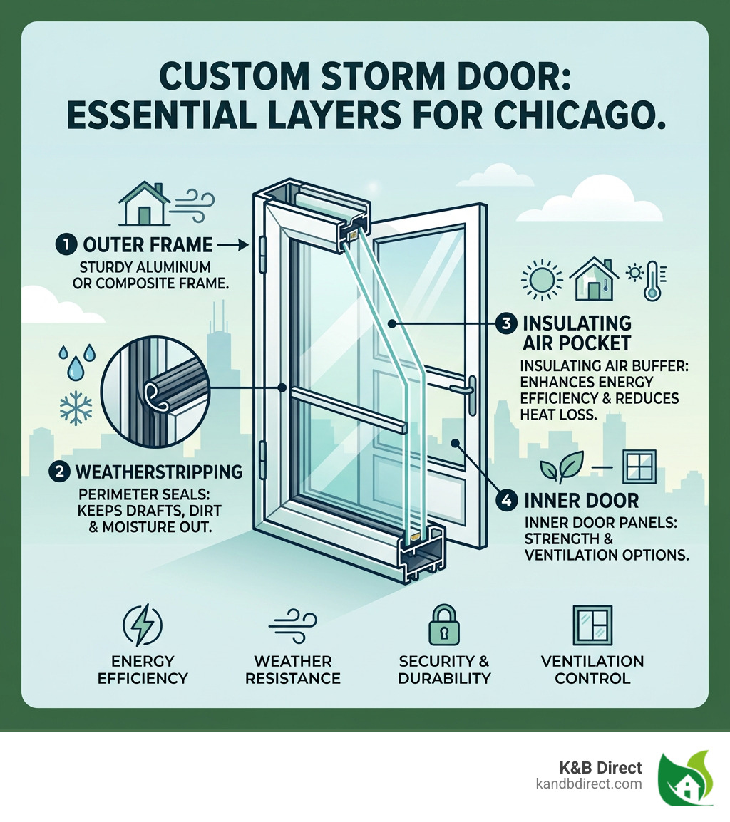Infographic showing storm door layers: outer frame, weatherstripping, insulating air pocket, and inner door - Custom storm
