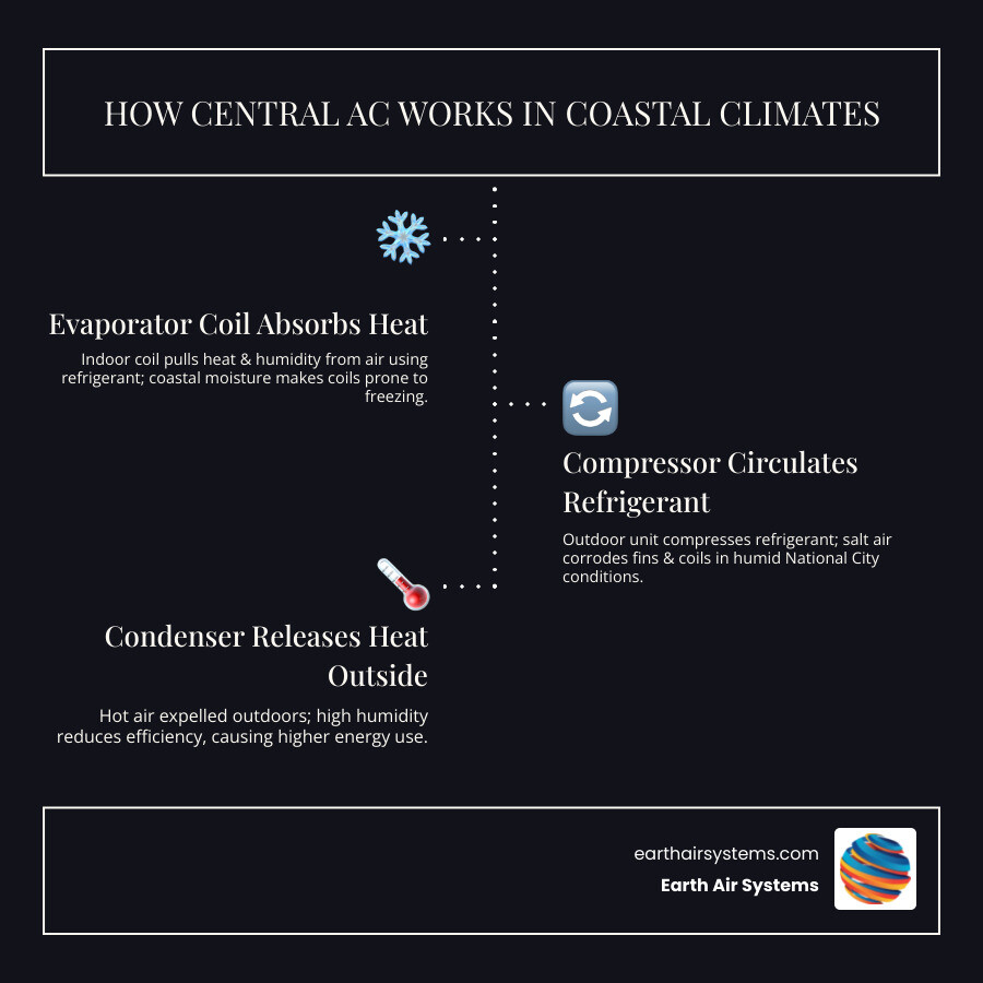 infographic showing how central air conditioning works in a home with coastal climate considerations - ac repair in national infographic showing how central air conditioning works in a home with coastal climate considerations - ac repair in national