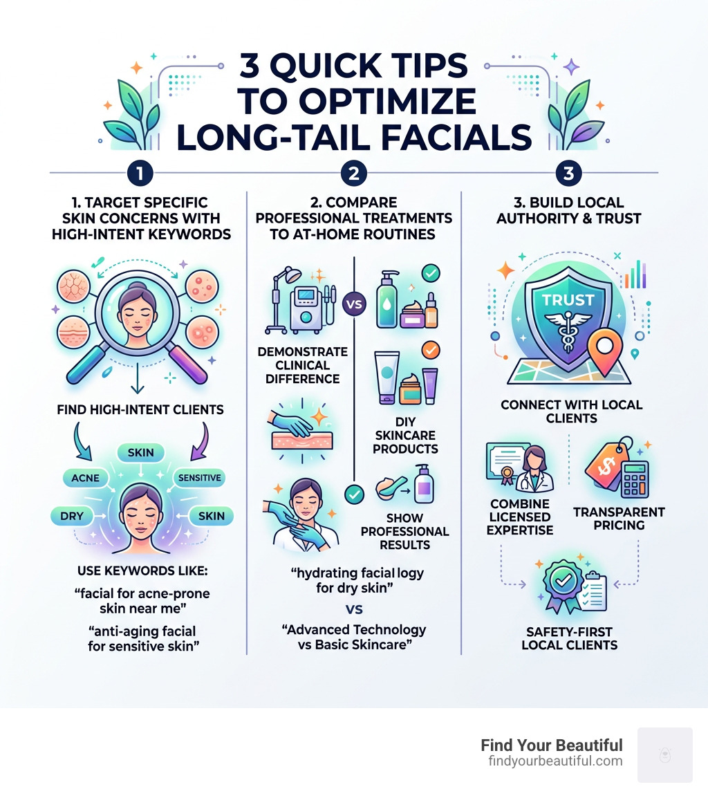 infographic showing 3 tips to optimize long-tail facials with search intent and skin concern targeting - Facials infographic showing 3 tips to optimize long-tail facials with search intent and skin concern targeting - Facials