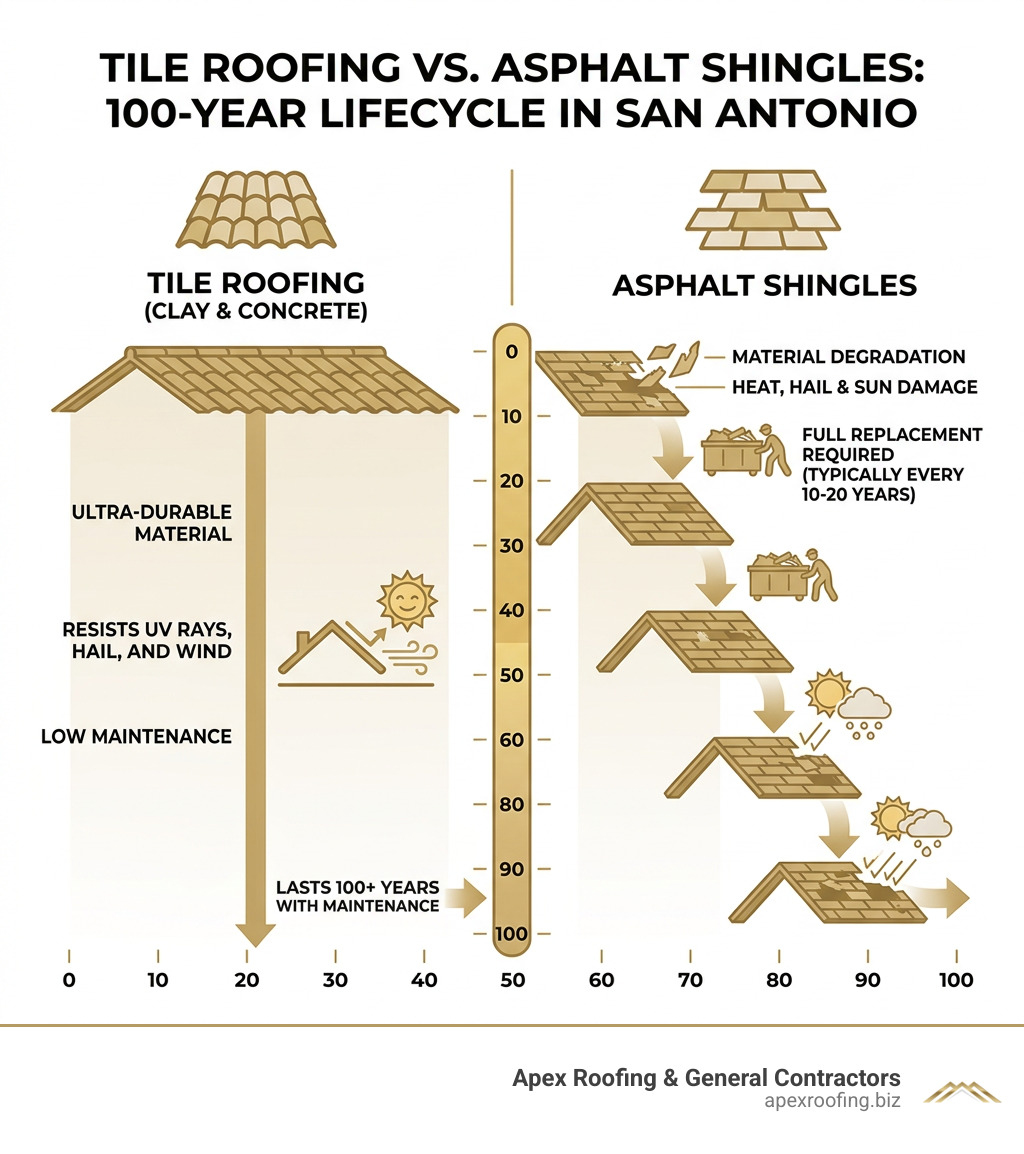 Infographic comparing 100-year lifecycle of tile roofing vs asphalt shingles in San Antonio - tile roof installation in san Infographic comparing 100-year lifecycle of tile roofing vs asphalt shingles in San Antonio - tile roof installation in san