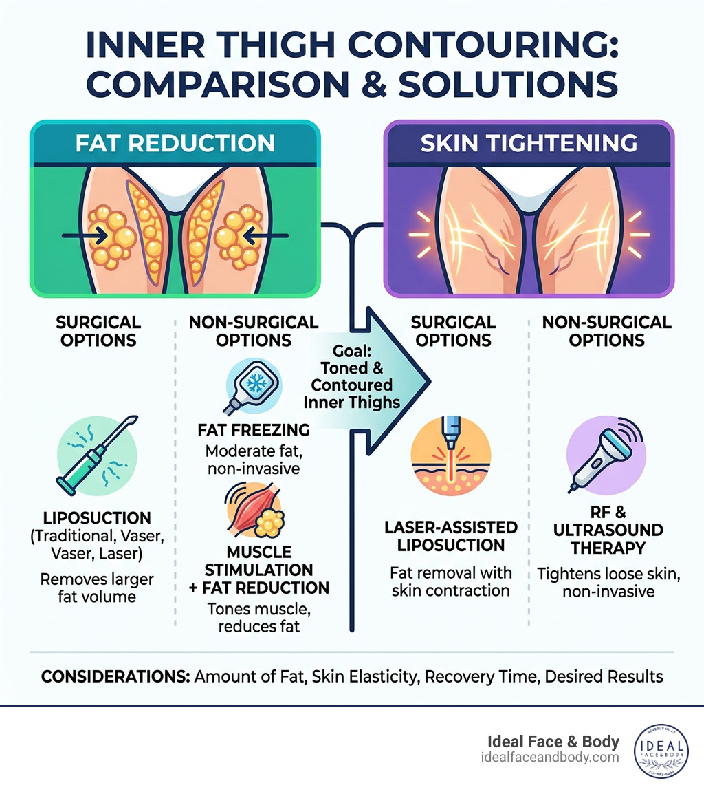 Comparison infographic: fat reduction vs skin tightening for inner thighs, surgical vs non-surgical options - Inner thigh Comparison infographic: fat reduction vs skin tightening for inner thighs, surgical vs non-surgical options - Inner thigh