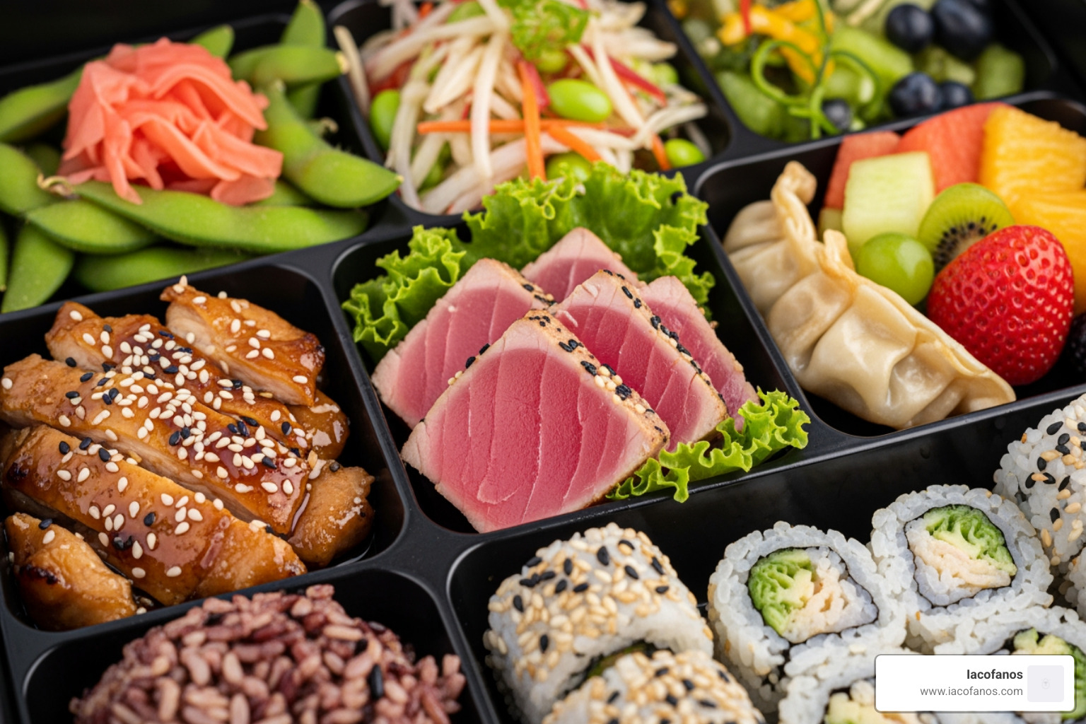 A diverse array of bento box contents featuring proteins, colorful vegetables, and sushi - bento lunch catering A diverse array of bento box contents featuring proteins, colorful vegetables, and sushi - bento lunch catering