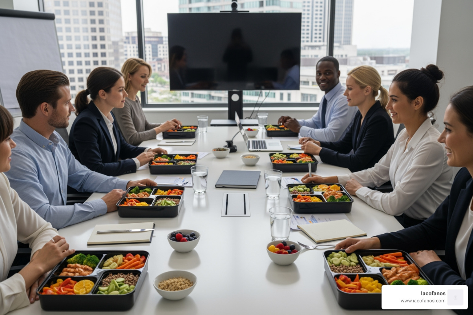Professional office lunch setup featuring neat, compartmentalized bento boxes - bento lunch catering Professional office lunch setup featuring neat, compartmentalized bento boxes - bento lunch catering