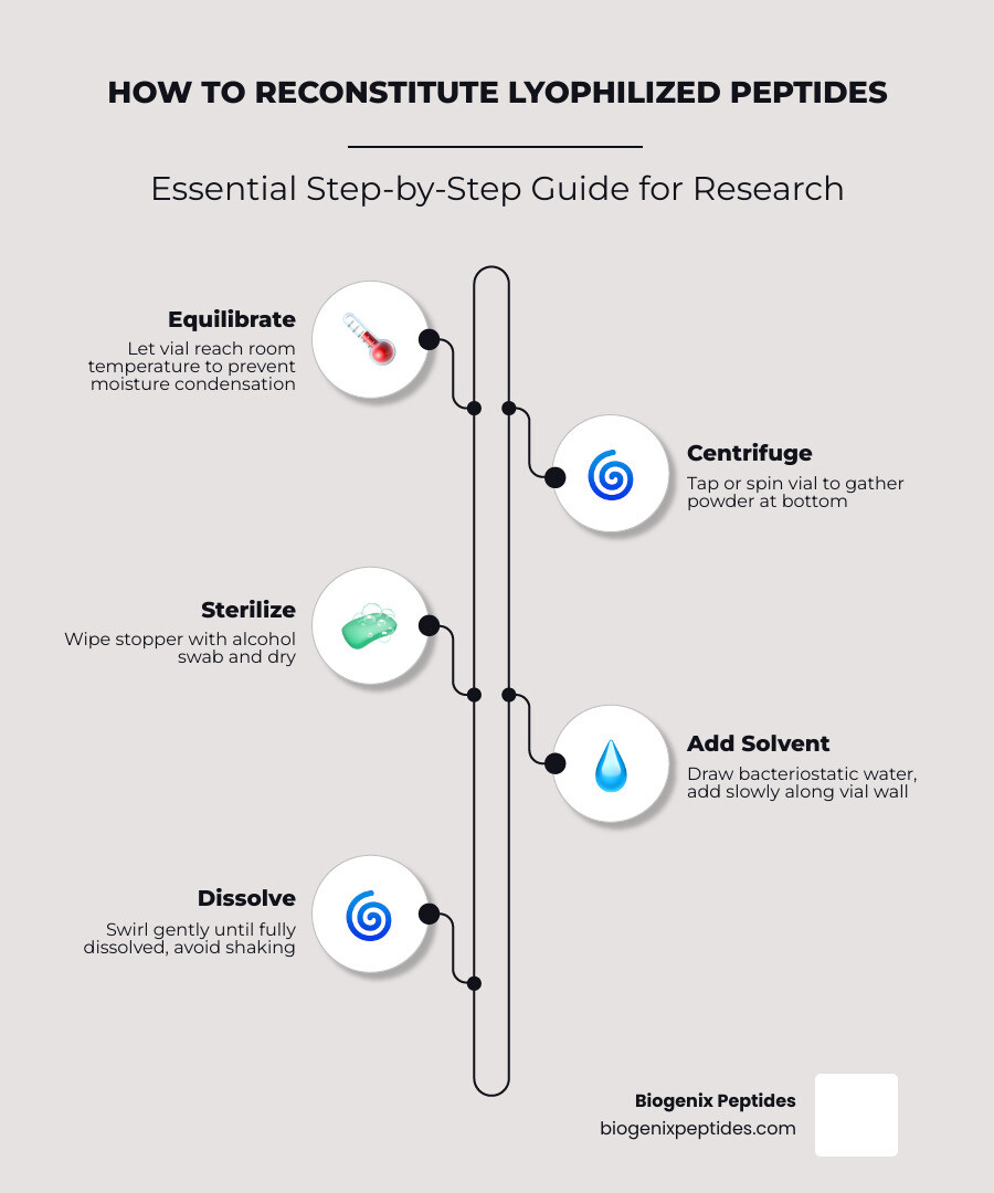 Step-by-step infographic for how to reconstitute lyophilized peptides for research use - how to reconstitute lyophilized