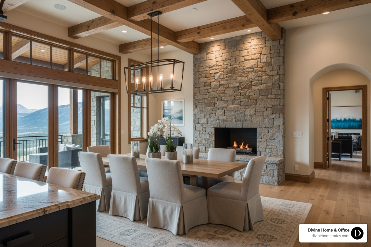 Luxury modern mountain dining room with skirted seating, natural wood beams, and a stone accent wall - Elegant dining room