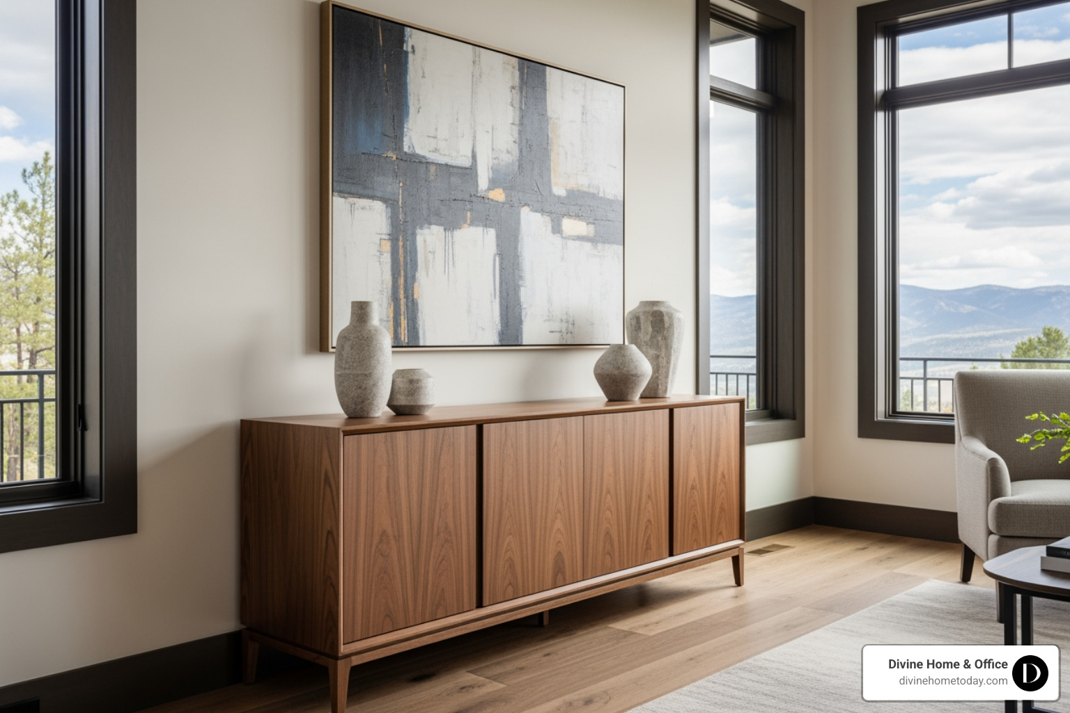 Styled sideboard in a modern mountain home featuring large-scale artwork, stone vases, and minimalist decor - Elegant dining