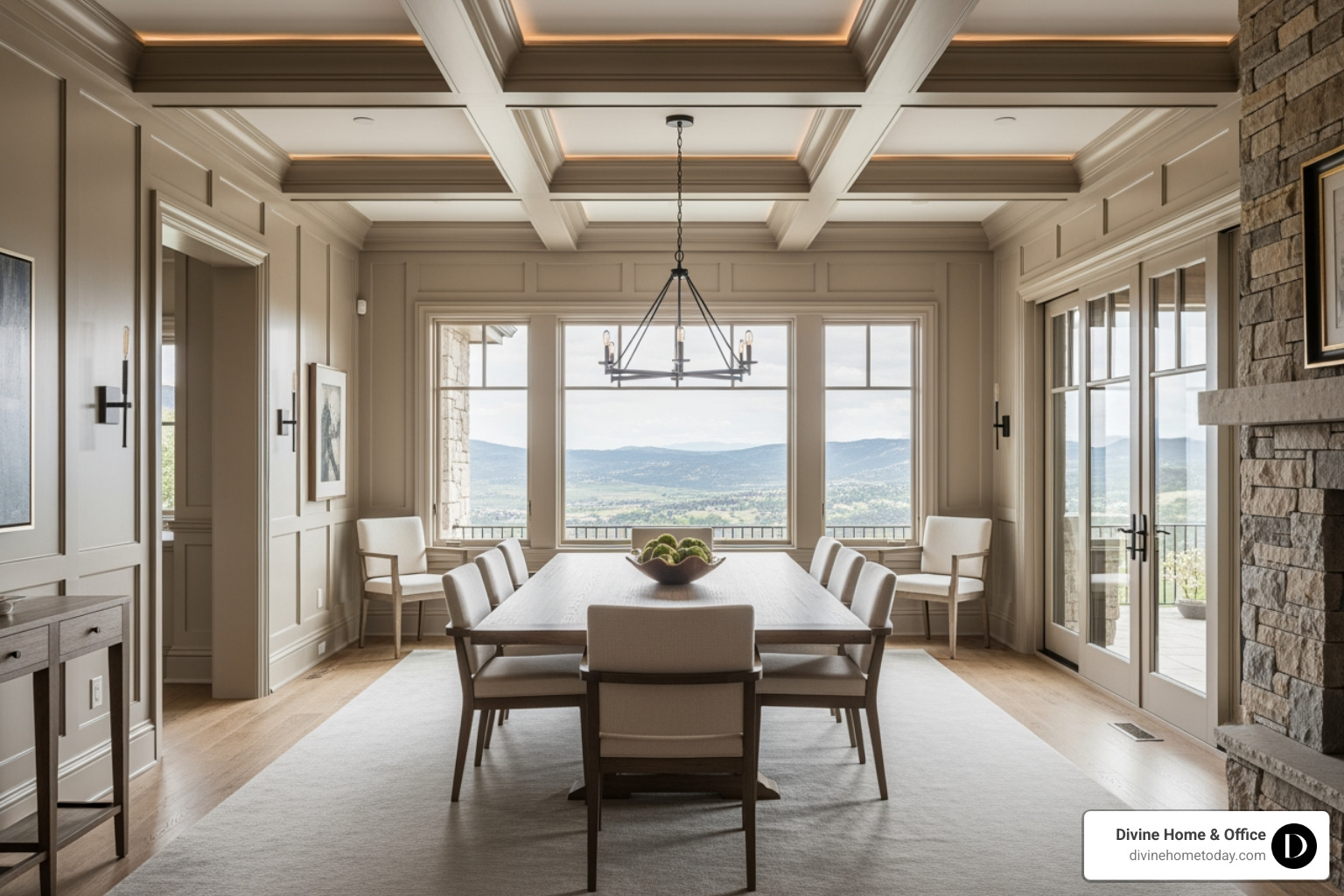 Formal dining area with board and batten walls, coffered ceilings, and large windows with Denver foothill views - Elegant