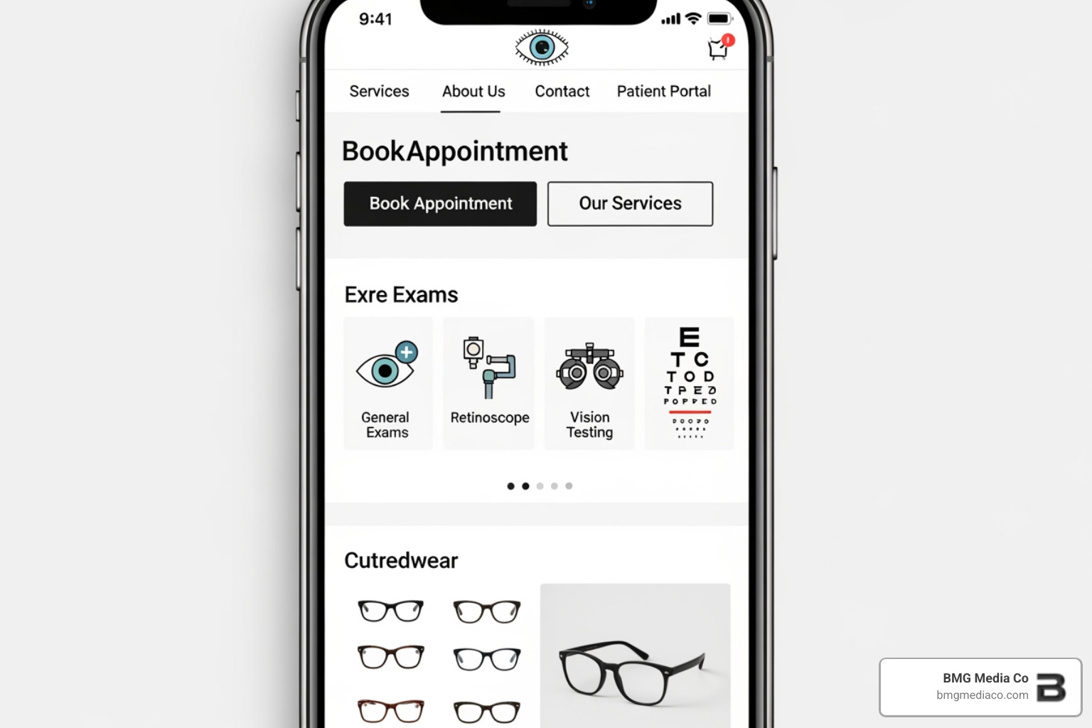 mobile-responsive eye care website design showing clean navigation and large buttons - optometry practice wordpress site