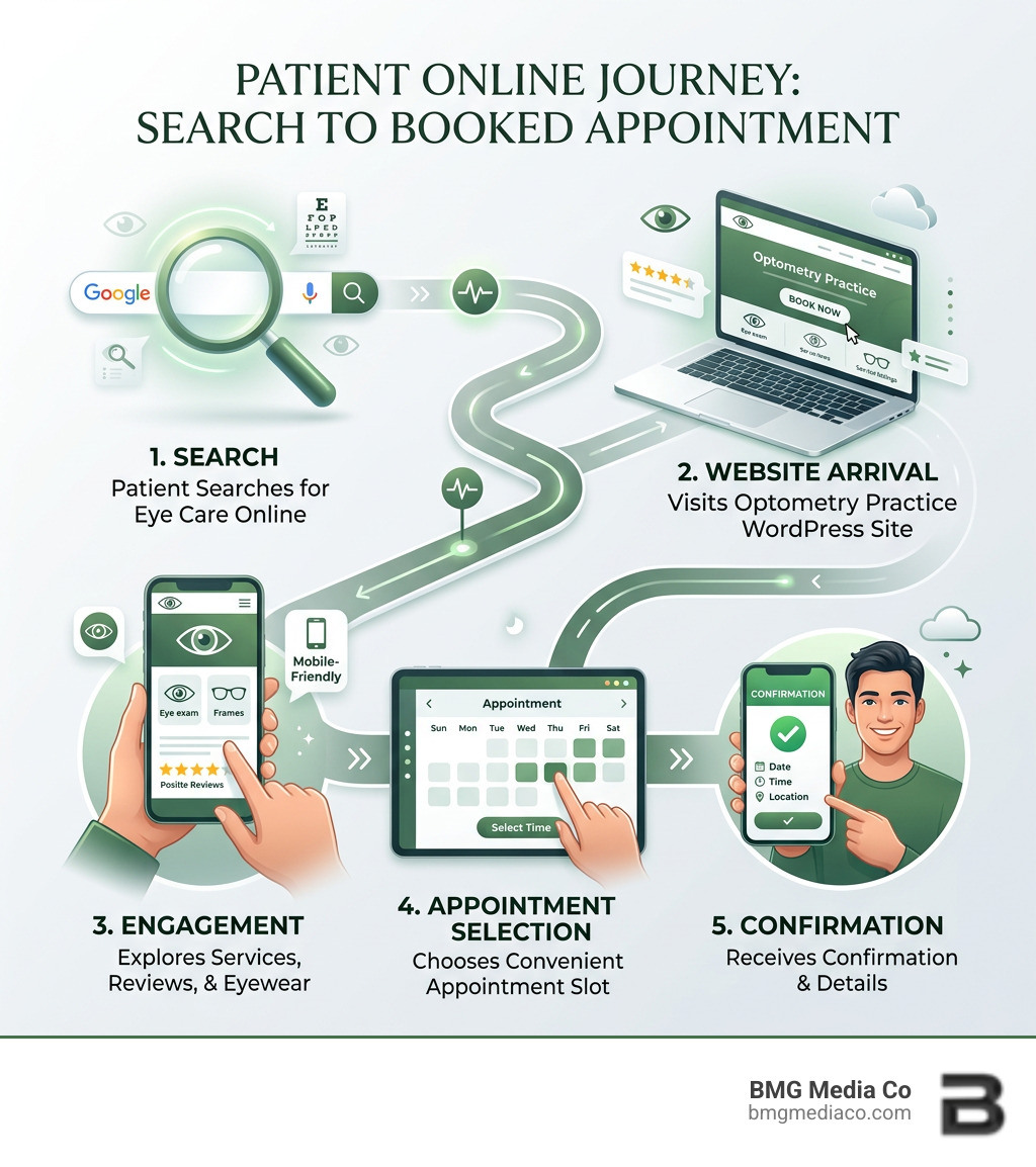 Infographic showing the patient online journey from search to booked eye care appointment - optometry practice wordpress