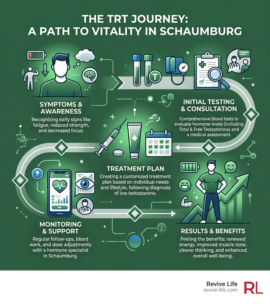 Infographic showing the TRT journey from initial testing and symptoms to treatment and results - testosterone replacement Infographic showing the TRT journey from initial testing and symptoms to treatment and results - testosterone replacement
