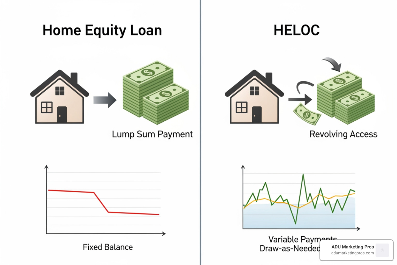 Comparison of home equity loan vs HELOC structures showing revolving credit vs lump sum payments - Granny flat financing Comparison of home equity loan vs HELOC structures showing revolving credit vs lump sum payments - Granny flat financing