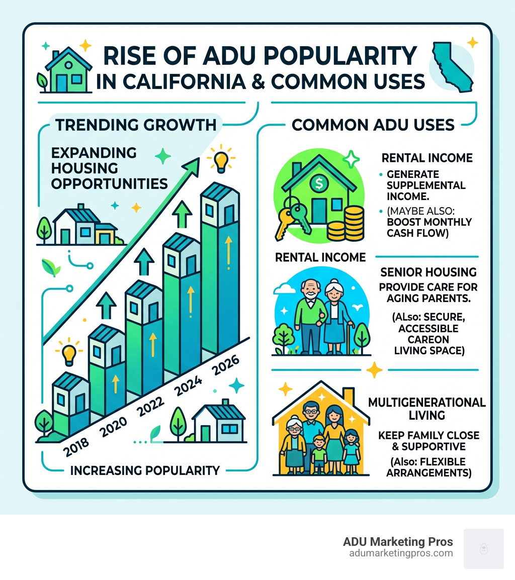 Infographic showing rise of ADU popularity in California and common uses including rental income, senior housing, and Infographic showing rise of ADU popularity in California and common uses including rental income, senior housing, and